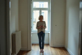 Femme contemplant un appartement vide avec clés à la main