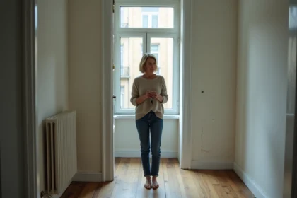 Femme contemplant un appartement vide avec clés à la main