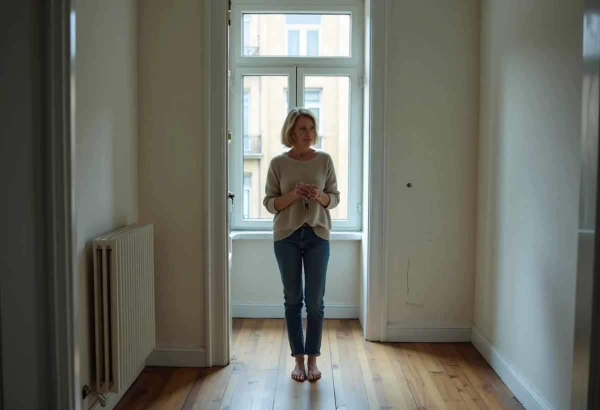 Femme contemplant un appartement vide avec clés à la main