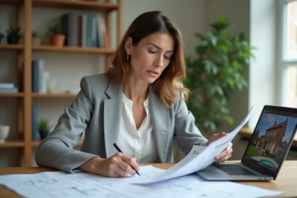 Femme consultant une estimation immobilière imprimée à son bureau avec une expression dubitative