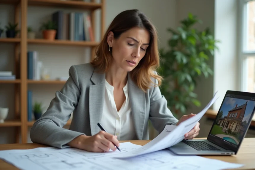 Femme consultant une estimation immobilière imprimée à son bureau avec une expression dubitative