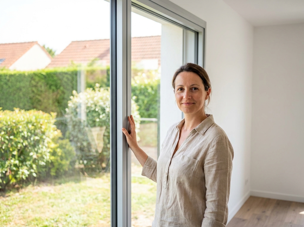 Femme inspectant l'intérieur d'une fenêtre en aluminium double vitrage dans un salon rénové au Mans