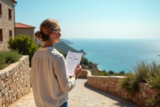 Femme consultant une fiche immobilière devant une maison avec vue mer dégagée sur la côte méditerranéenne