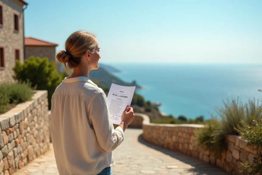 Femme consultant une fiche immobilière devant une maison avec vue mer dégagée sur la côte méditerranéenne
