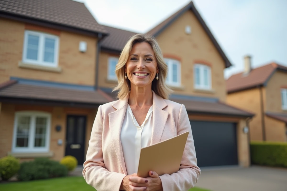 Femme souriante devant une maison neuve dans le quartier