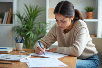 Femme remplissant des formulaires dans un bureau à domicile