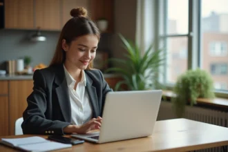 Jeune femme souriante utilisant un tableau de gestion immobilière