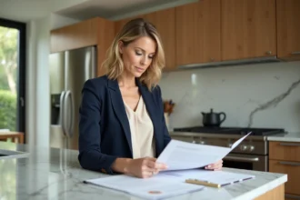 Femme en blazer et blouse examinant des documents immobiliers