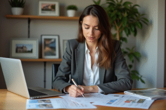 Femme d affaires examine des documents immobiliers dans un bureau moderne
