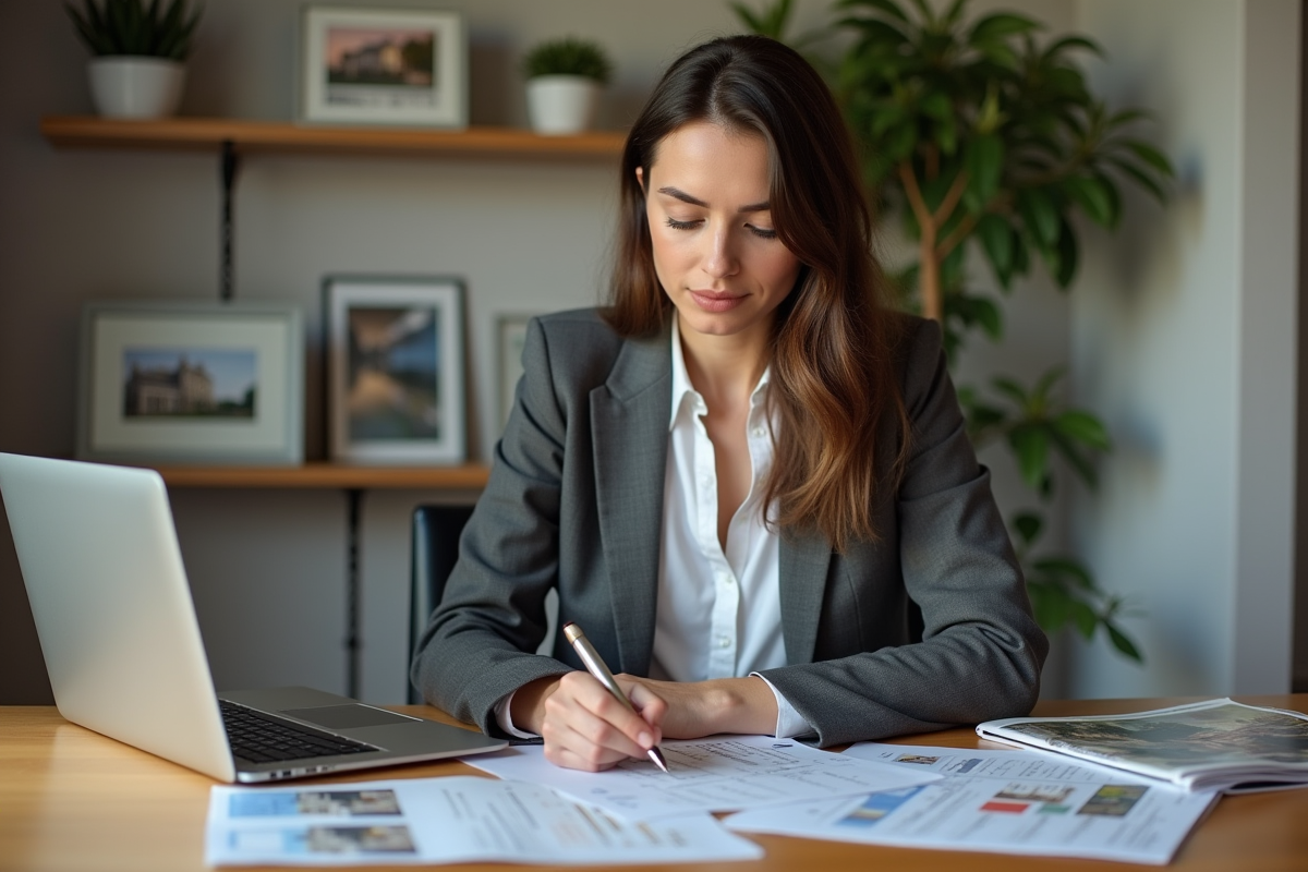 Femme d affaires examine des documents immobiliers dans un bureau moderne