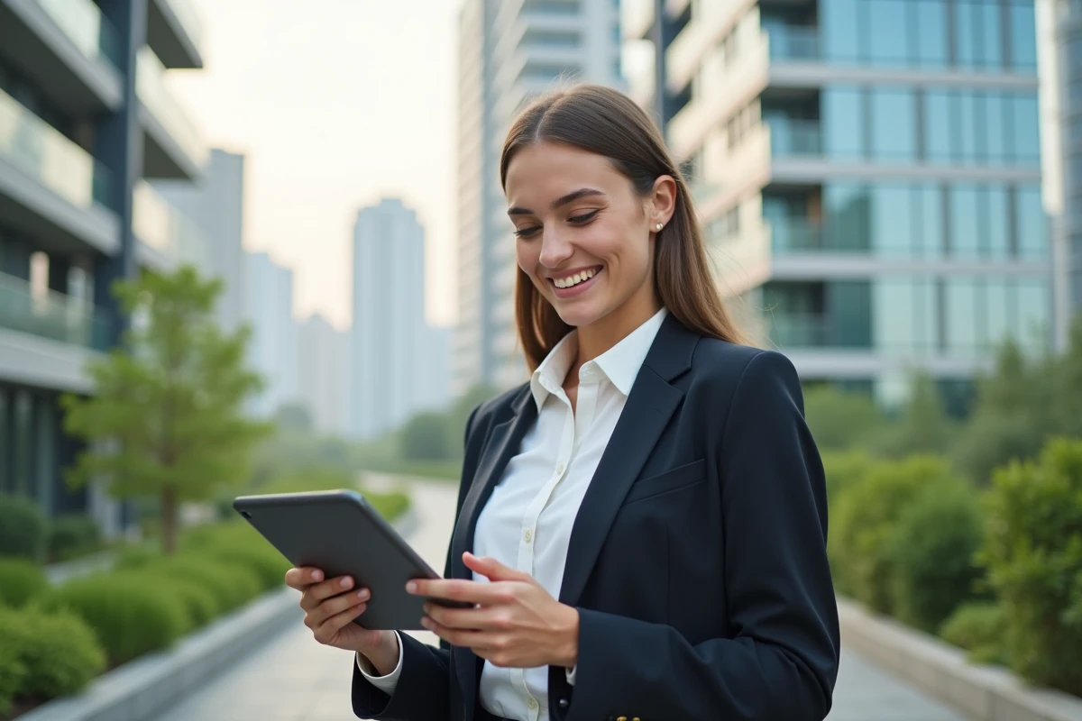 Femme souriante tenant une tablette devant un immeuble neuf