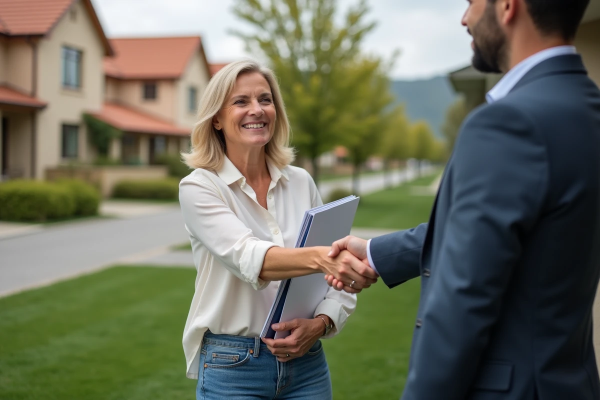 Femme souriante signe un contrat immobilier devant une maison