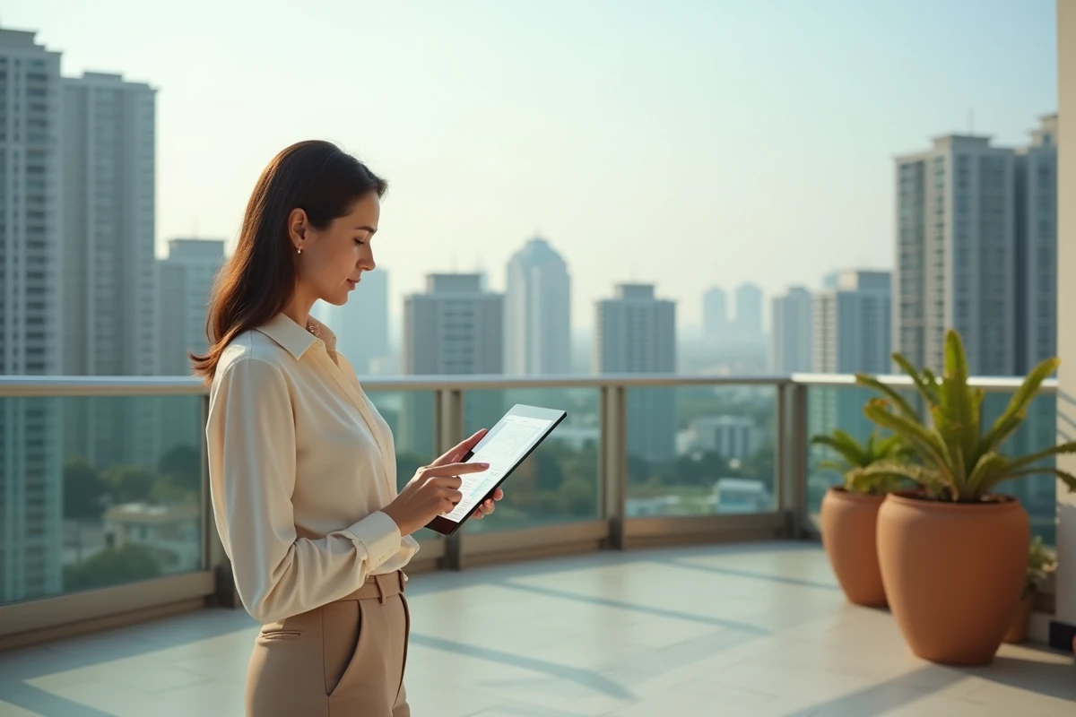 Femme avec tablette regarde skyline urbaine