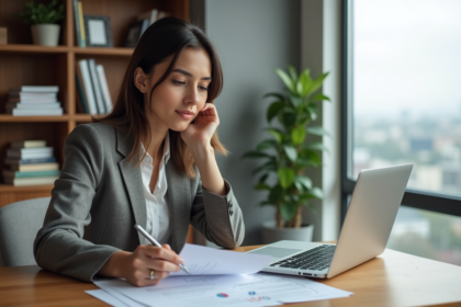 Femme d'affaires examinant documents de location dans un bureau moderne