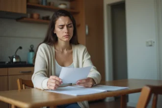 Jeune femme lisant des papiers dans la cuisine