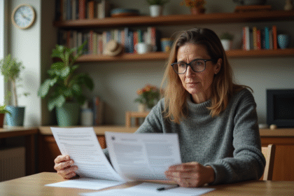 Femme d'âge moyen examine des documents de location dans une cuisine chaleureuse
