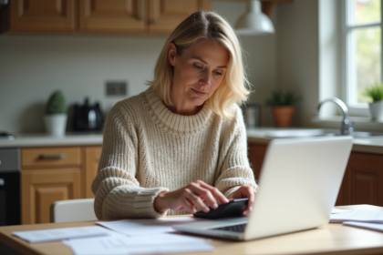 Femme concentrée examinant des documents de prêt immobilier