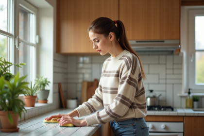 Jeune femme nettoyant un mur de cuisine ensoleillee