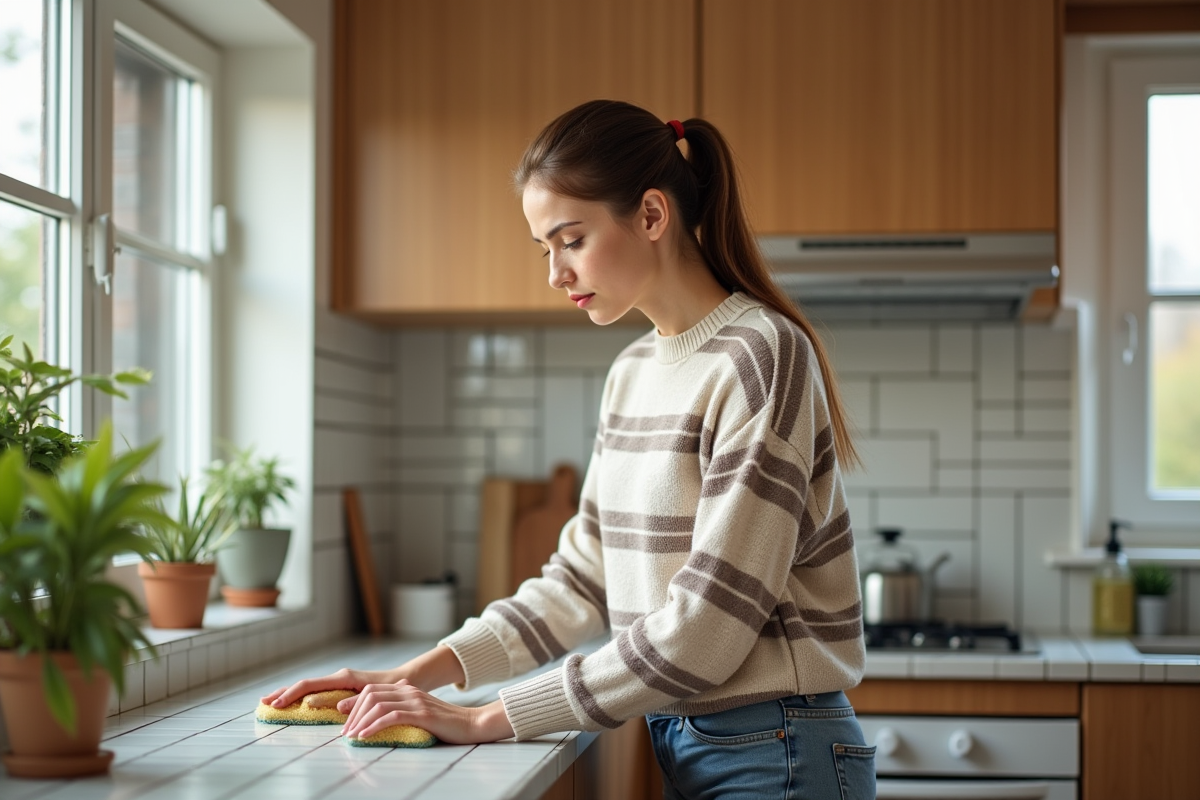 Jeune femme nettoyant un mur de cuisine ensoleillee
