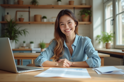 Femme souriante travaillant sur des documents immobiliers à la maison