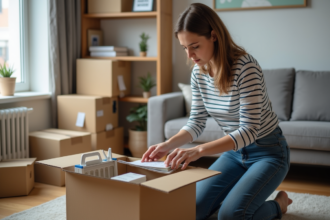 Jeune femme triant des livres dans une salle de séjour organisée