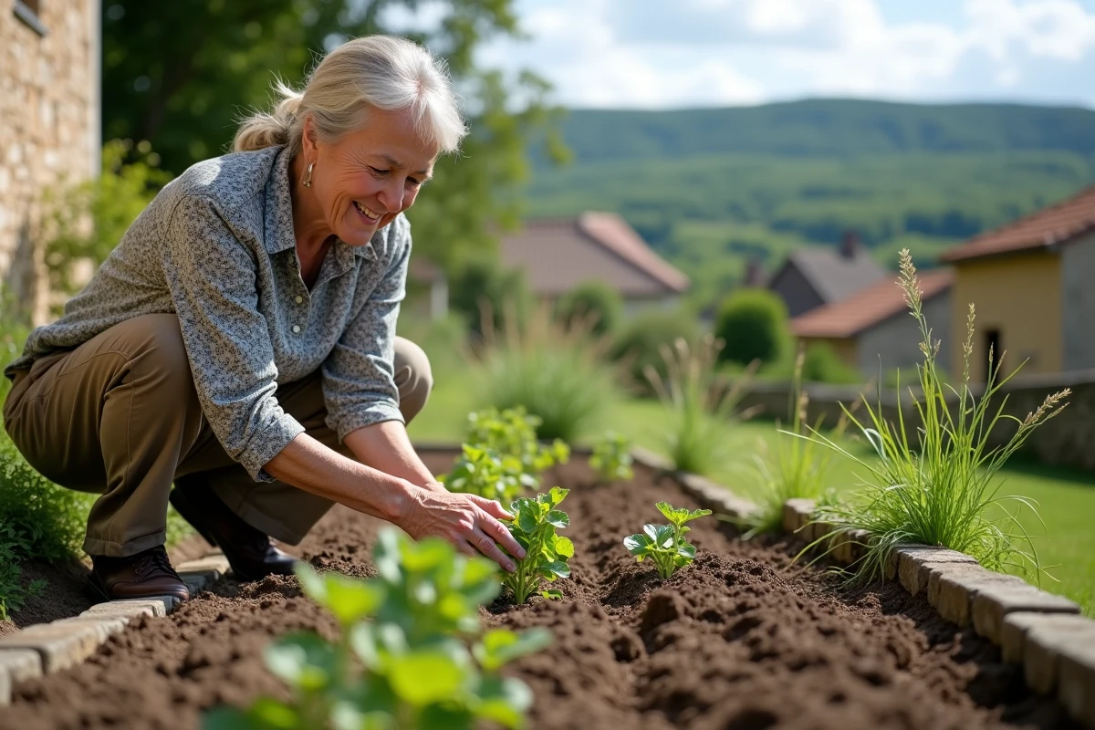 Femme âgée plantant des jeunes plants dans son jardin