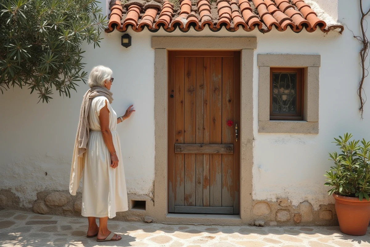 Femme regardant une porte en bois dans un village côtier