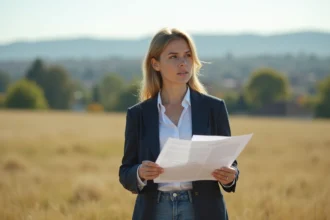 Femme professionnelle en plein champ avec documents