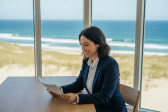 Femme professionnelle en mer calme dans un appartement lumineux