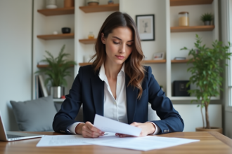 Femme professionnelle en bureau pour un article immobilier