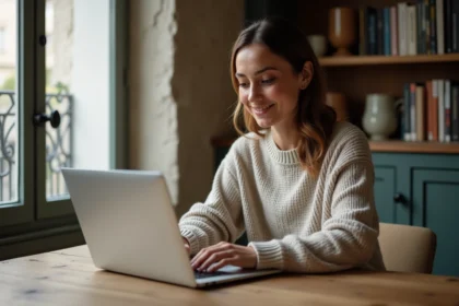 Femme assise à une table à Paris en train de consulter des avis immobiliers