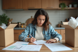 Femme concentrée remplissant un formulaire de remboursement à la maison