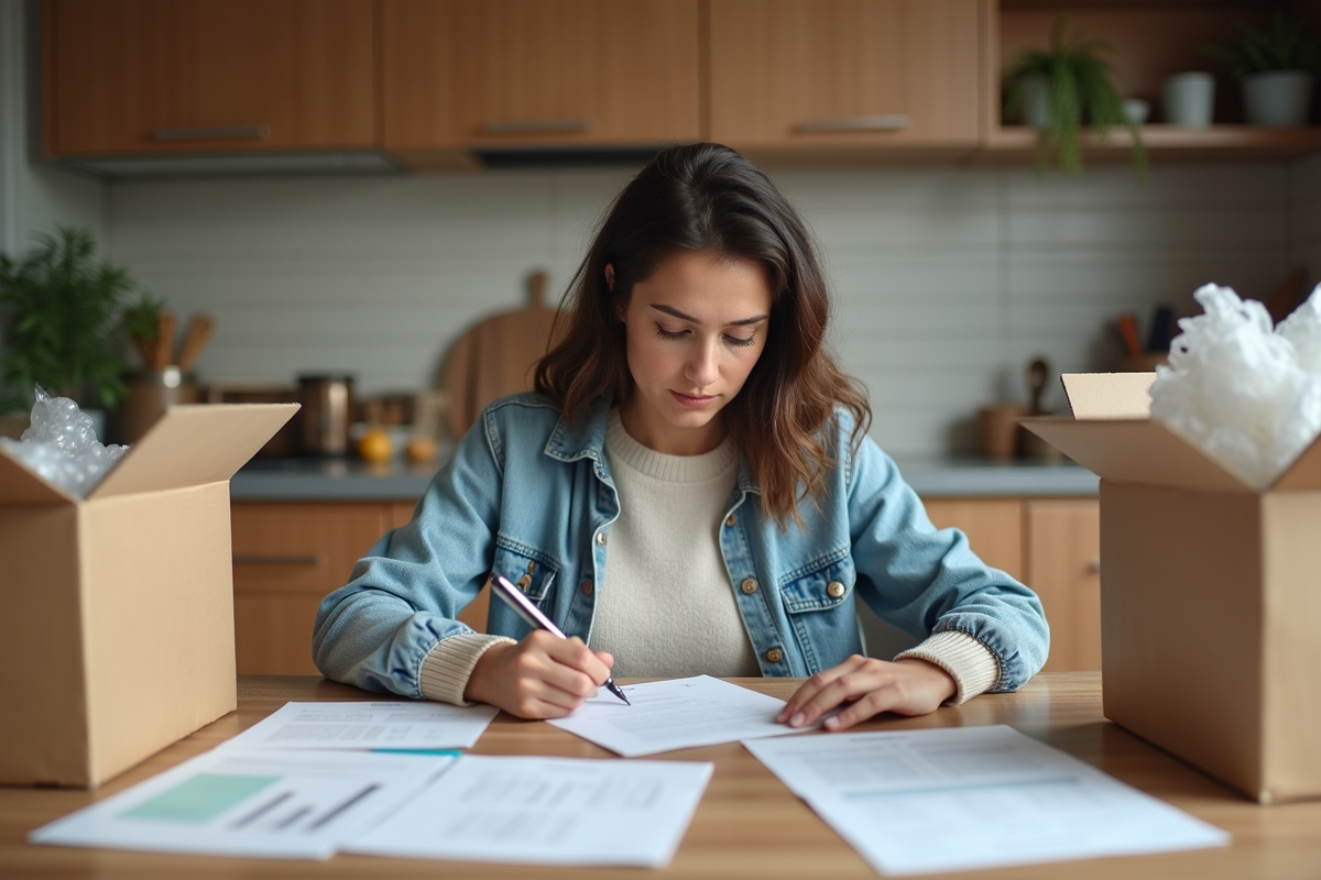 Femme concentrée remplissant un formulaire de remboursement à la maison