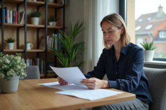 Femme en tenue décontractée examinant des papiers de location