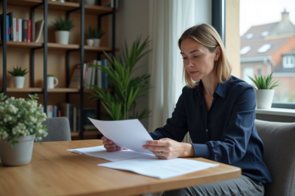 Femme en tenue décontractée examinant des papiers de location