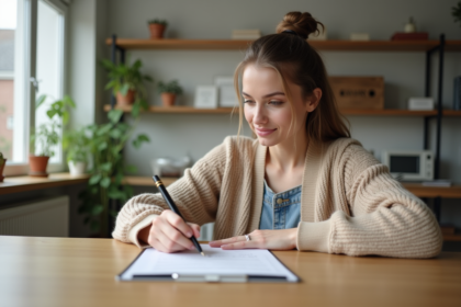 Femme signant des papiers dans un appartement lumineux