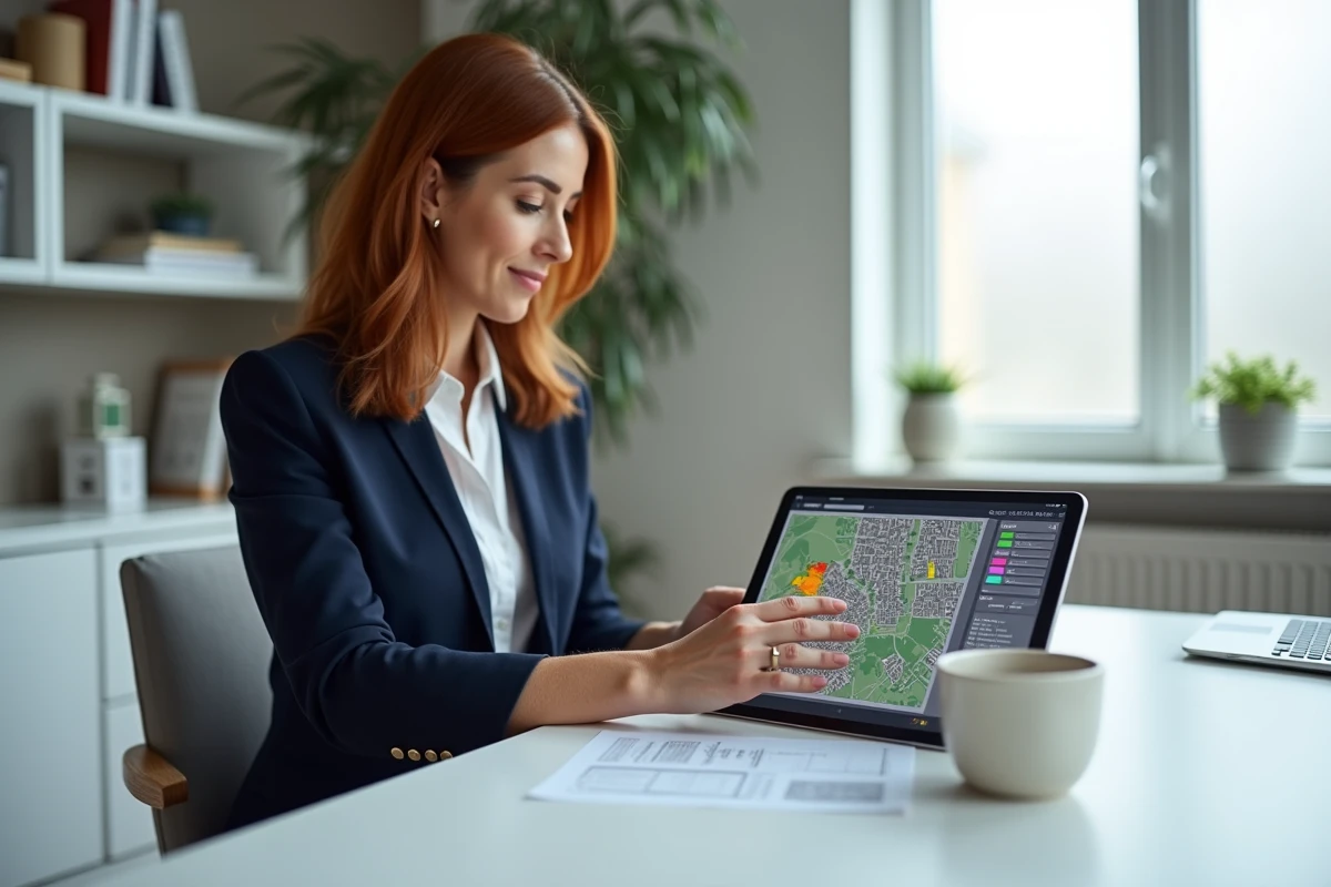 Femme consultant un simulateur d'emprise au sol sur tablette dans un bureau à domicile moderne avec plan cadastral affiché