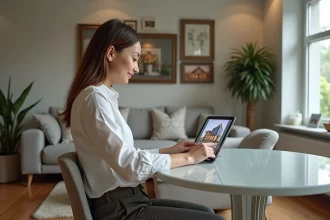 Femme utilisant une tablette pour une visite virtuelle de maison