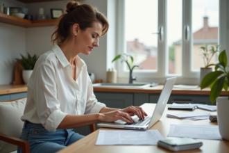 Femme travaillant sur son ordinateur dans un appartement lumineux