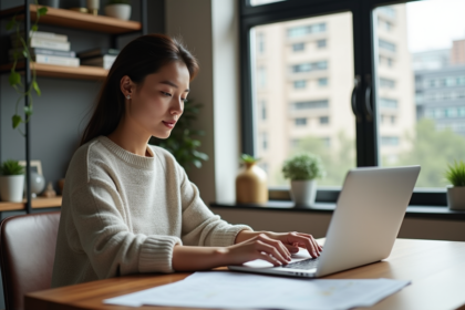 Femme d affaires travaillant sur un ordinateur et documents de prêt