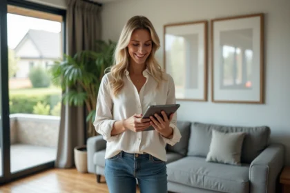 Femme confiante avec tablette pour évaluation immobilière