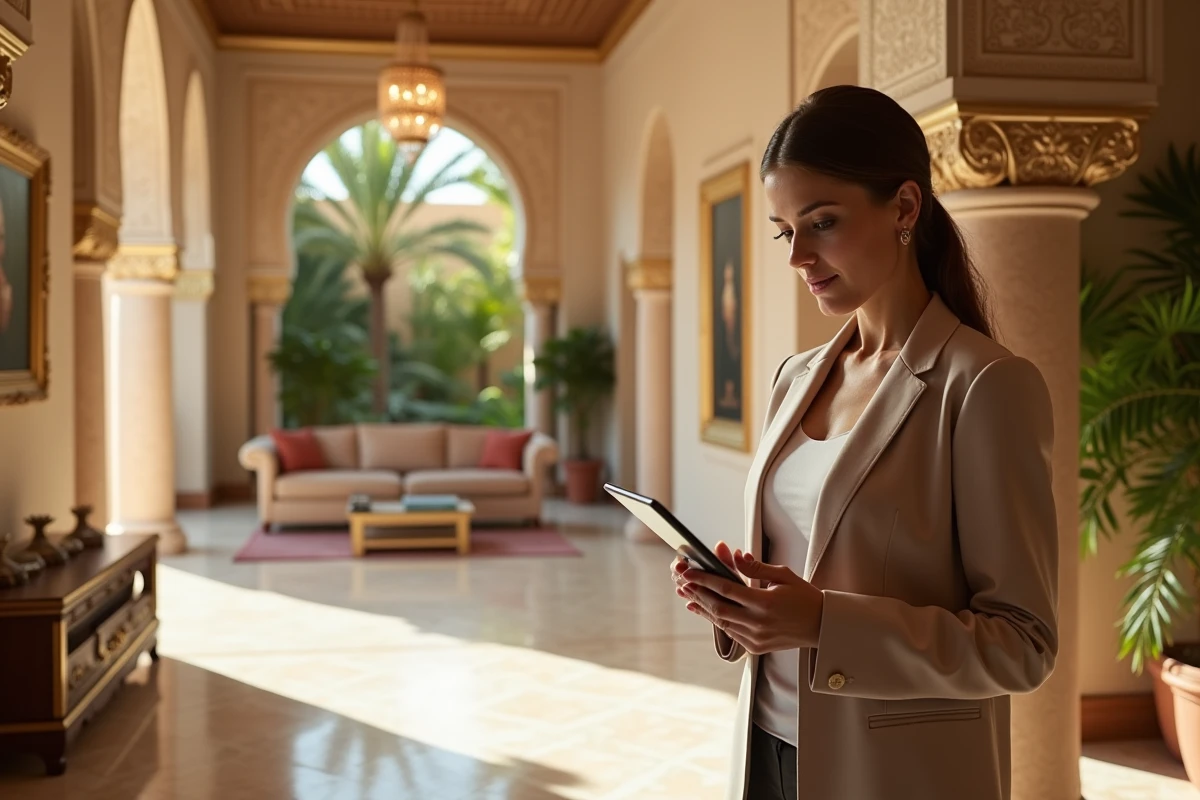 Femme en intérieur lumineux examinant un mur de villa à Marrakech