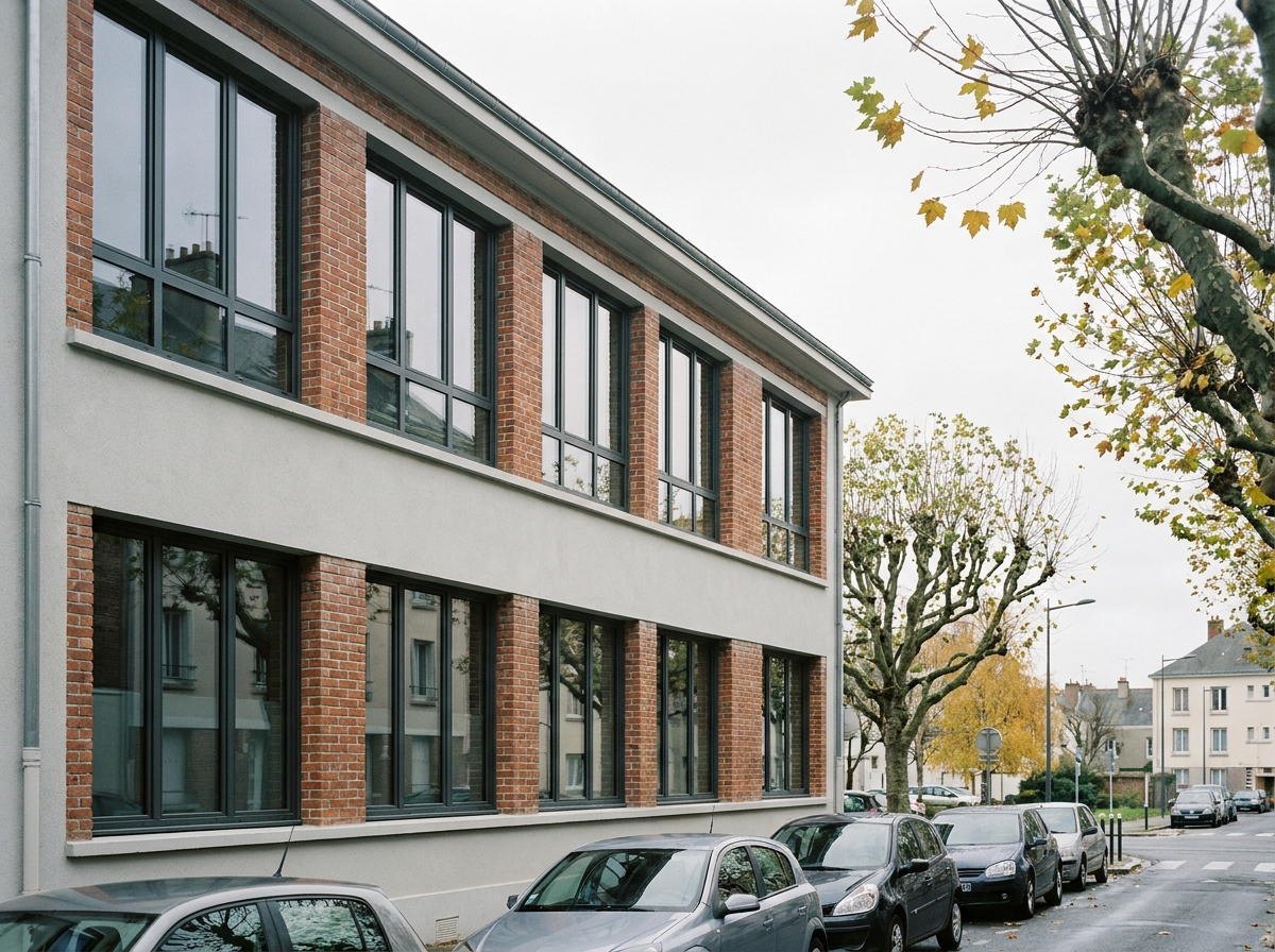 Rangée de fenêtres en aluminium anthracite sur la façade rénovée d'un immeuble résidentiel au Mans