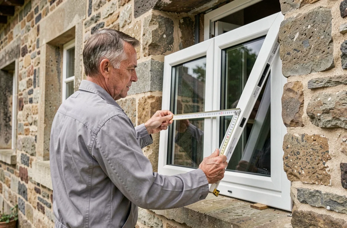 Poseur Fenstrea installant une fenêtre PVC triple vitrage sur une maison en pierre en Meurthe-et-Moselle