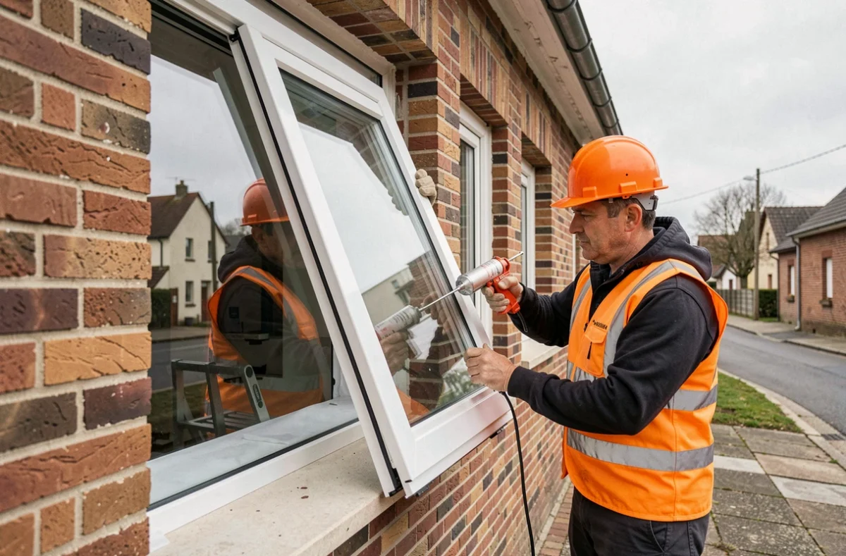 Ouvriers FK Renove Construction posant des fenêtres à double vitrage sur un pavillon en Meurthe-et-Moselle