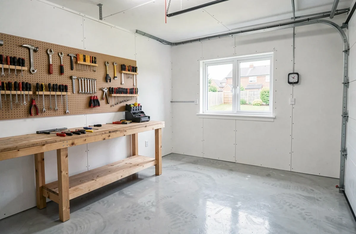 Intérieur de garage isolé aménagé en atelier avec plan de travail, rangements et sol en époxy