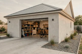 Garage isolé moderne avec murs en enduit gris et porte sectionnelle ouverte révélant un intérieur aménagé rangé