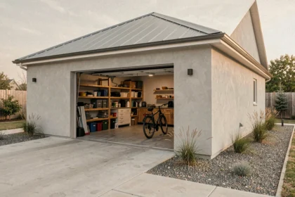 Garage isolé moderne avec murs en enduit gris et porte sectionnelle ouverte révélant un intérieur aménagé rangé