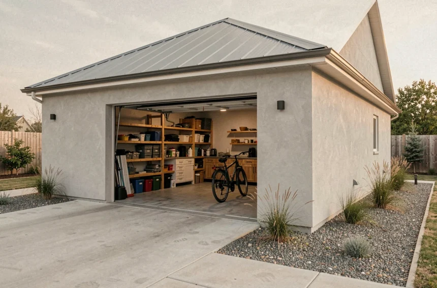 Garage isolé moderne avec murs en enduit gris et porte sectionnelle ouverte révélant un intérieur aménagé rangé