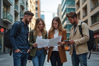 Groupe de personnes dans une ville animée en consultation